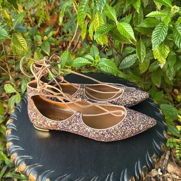 AQUAZZURA Firenze Christy Glittered Leather Flats, size 37 (6 US) - Picture 6 of 9